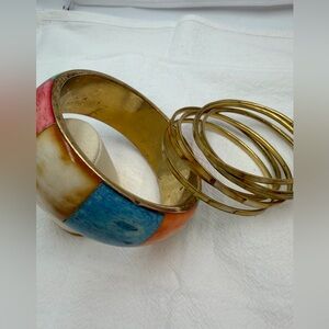 Boho Carved Bone Color Bangle Bracelet and Abalone Bangles